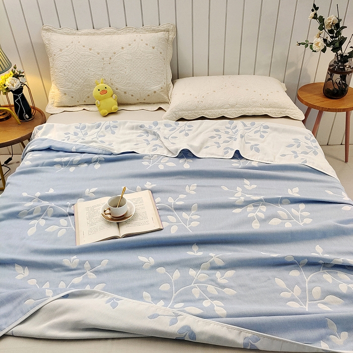 91家纺网 家纺一手货源 找家纺 静缘分 2026新款全棉纯棉6层纱布毛巾被纯棉六层纱布毯 叶语蓝