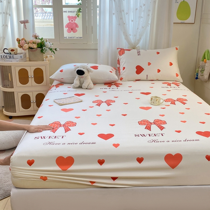 91家纺网 家纺一手货源 找家纺 朵朵家纺 2025新款超柔水洗棉云感印花单床笠床垫保护套床笠（床垫保护套可定制尺寸 ）-场景一 甜心结