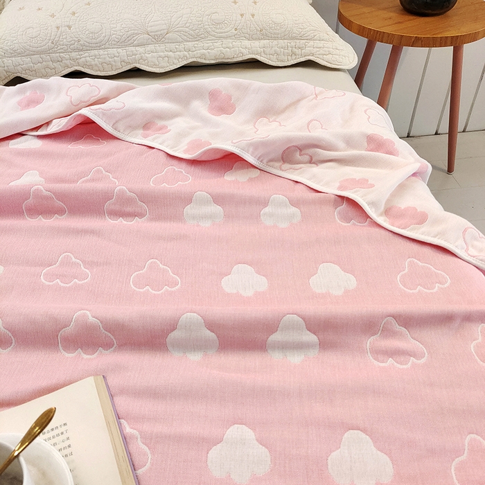 91家纺网 家纺一手货源 找家纺 静缘分 2026新款全棉纯棉6层纱布毛巾被纯棉六层纱布毯 云朵粉