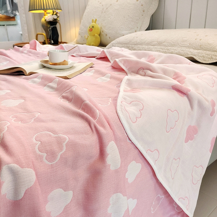 91家纺网 家纺一手货源 找家纺 静缘分 2026新款全棉纯棉6层纱布毛巾被纯棉六层纱布毯 云朵粉