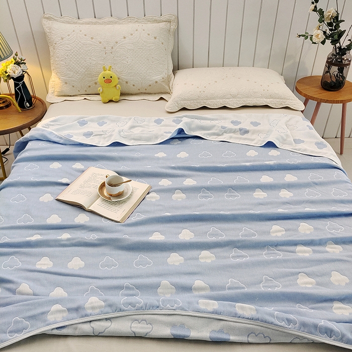 91家纺网 家纺一手货源 找家纺 静缘分 2026新款全棉纯棉6层纱布毛巾被纯棉六层纱布毯 云朵蓝