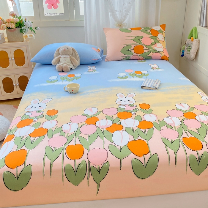 91家纺网 家纺一手货源 找家纺 朵朵家纺 2025新款超柔水洗棉云感印花单床笠床垫保护套床笠（床垫保护套可定制尺寸 ）-场景一 兔兔花园