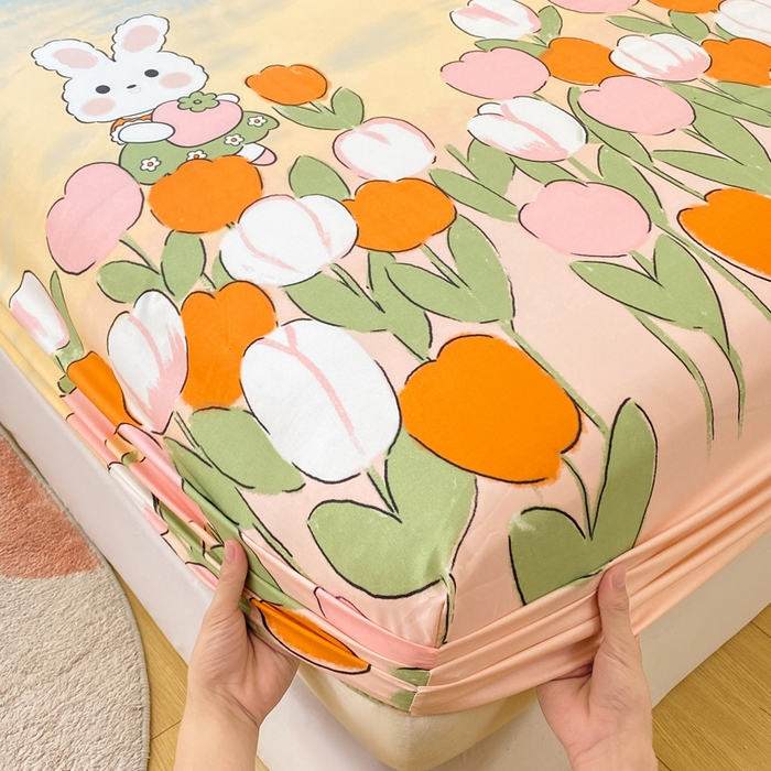 91家纺网 家纺一手货源 找家纺 朵朵家纺 2025新款超柔水洗棉云感印花单床笠床垫保护套床笠（床垫保护套可定制尺寸 ）-场景一 兔兔花园