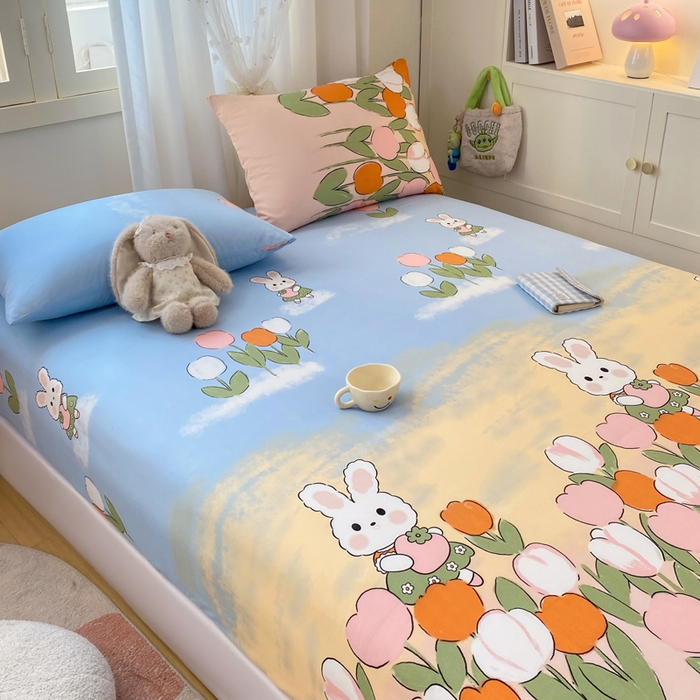 91家纺网 家纺一手货源 找家纺 朵朵家纺 2025新款超柔水洗棉云感印花单床笠床垫保护套床笠（床垫保护套可定制尺寸 ）-场景一 兔兔花园