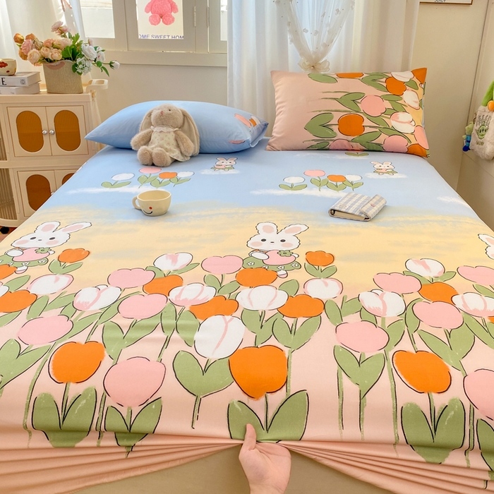 朵朵家纺 2025新款超柔水洗棉云感印花单床笠床垫保护套床笠（床垫保护套可定制尺寸 ）-场景一 兔兔花园