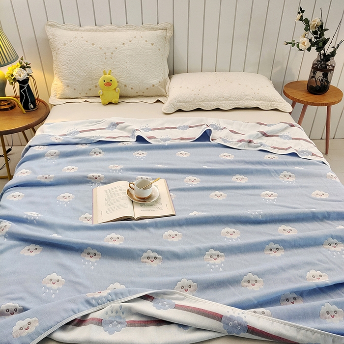 91家纺网 家纺一手货源 找家纺 静缘分 2026新款全棉纯棉6层纱布毛巾被纯棉六层纱布毯 笑脸蓝