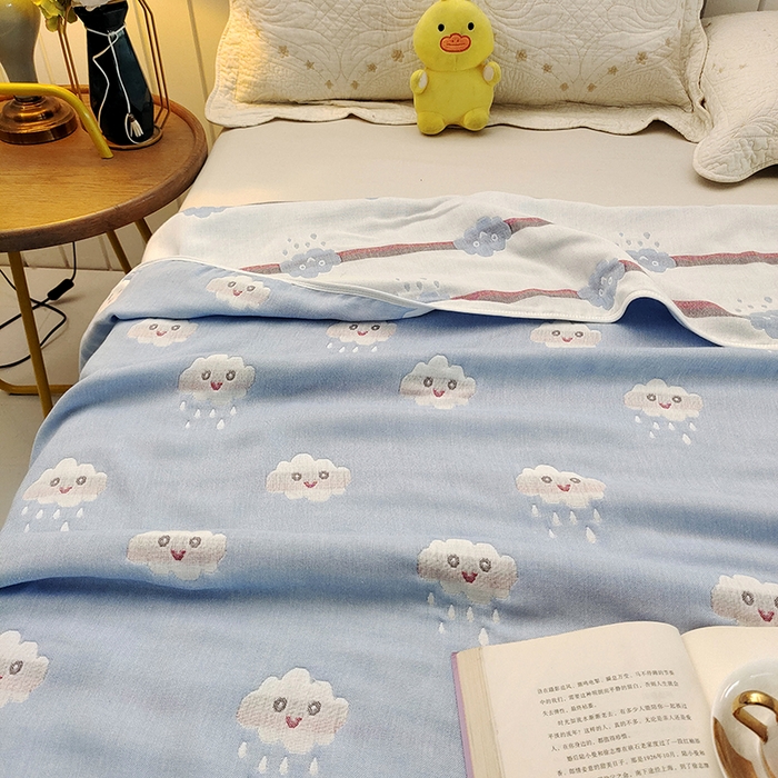 91家纺网 家纺一手货源 找家纺 静缘分 2026新款全棉纯棉6层纱布毛巾被纯棉六层纱布毯 笑脸蓝