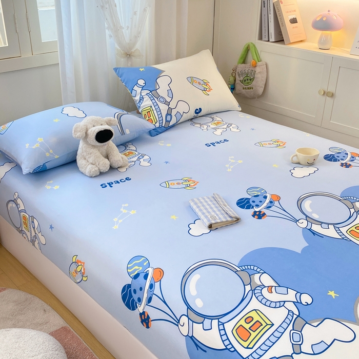 91家纺网 家纺一手货源 找家纺 朵朵家纺 2025新款超柔水洗棉云感印花单床笠床垫保护套床笠（床垫保护套可定制尺寸 ）-场景一 宇航员