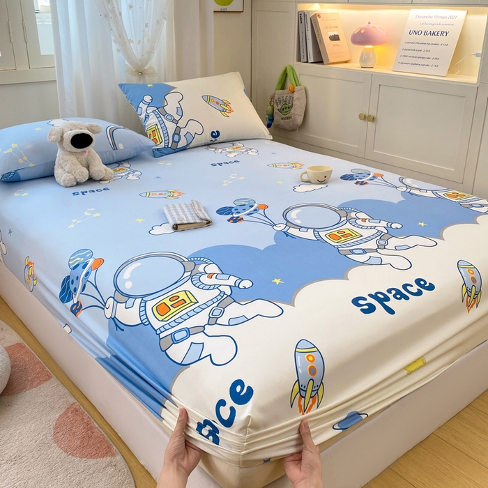 91家纺网 家纺一手货源 找家纺 朵朵家纺 2025新款超柔水洗棉云感印花单床笠床垫保护套床笠（床垫保护套可定制尺寸 ）-场景一 宇航员