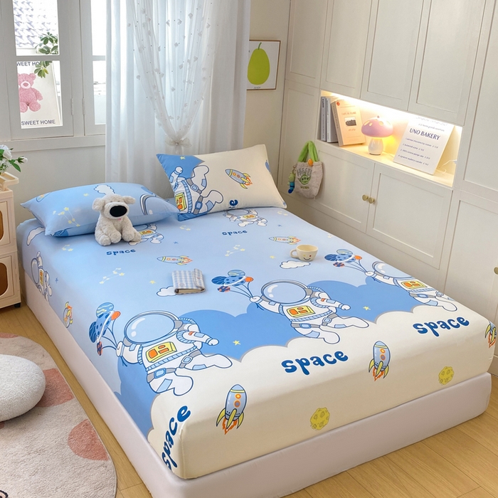 91家纺网 家纺一手货源 找家纺 朵朵家纺 2025新款超柔水洗棉云感印花单床笠床垫保护套床笠（床垫保护套可定制尺寸 ）-场景一 宇航员