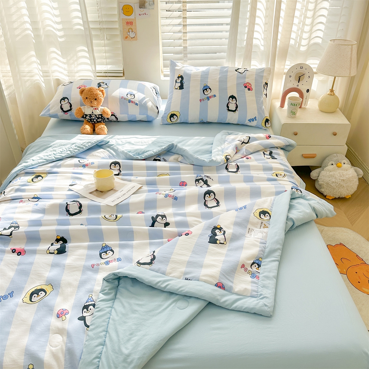 91家纺网 家纺一手货源 找家纺 晓时候 2026新款小清新印花夏被夏凉被空调被新疆棉花被被子被芯 呆萌企鹅