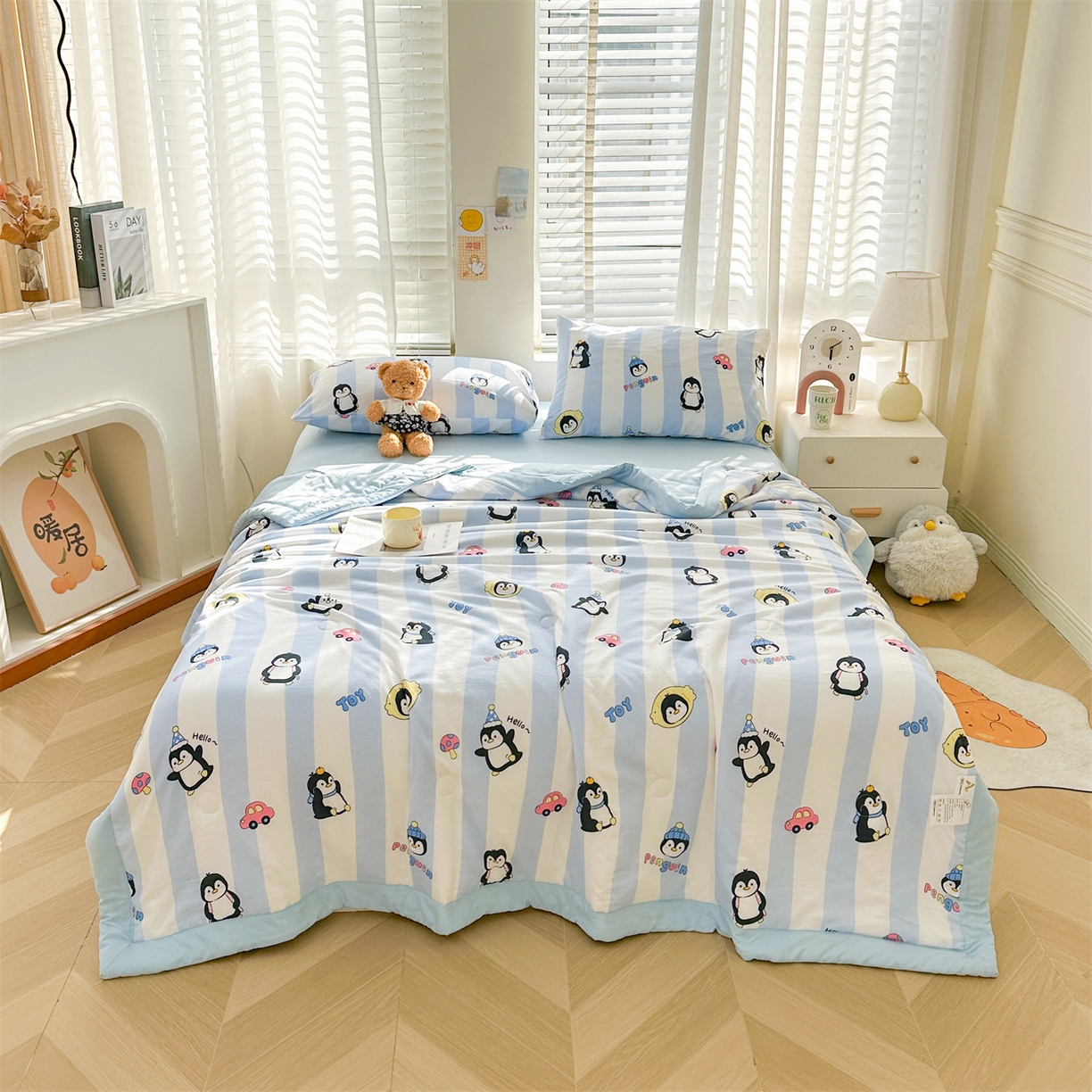 91家纺网 家纺一手货源 找家纺 晓时候 2026新款小清新印花夏被夏凉被空调被新疆棉花被被子被芯 呆萌企鹅