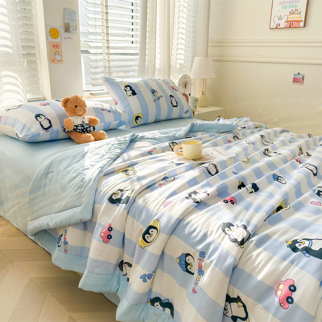 91家纺网 家纺一手货源 找家纺 晓时候 2026新款小清新印花夏被夏凉被空调被新疆棉花被被子被芯 呆萌企鹅