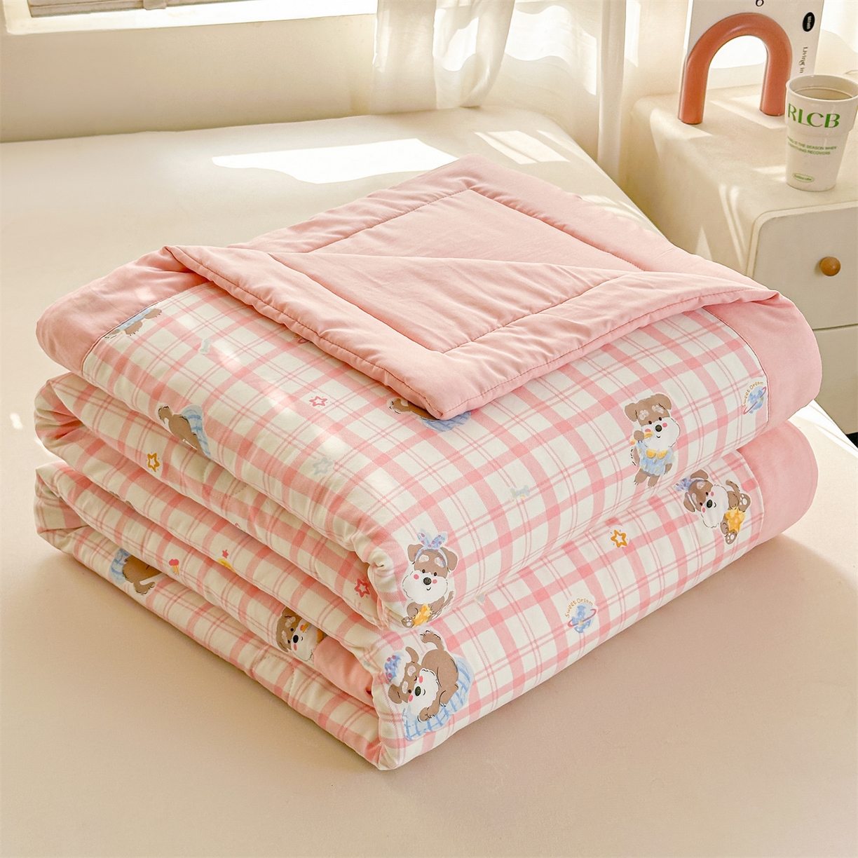 91家纺网 家纺一手货源 找家纺 晓时候 2026新款小清新印花夏被夏凉被空调被新疆棉花被被子被芯 粉格萌犬