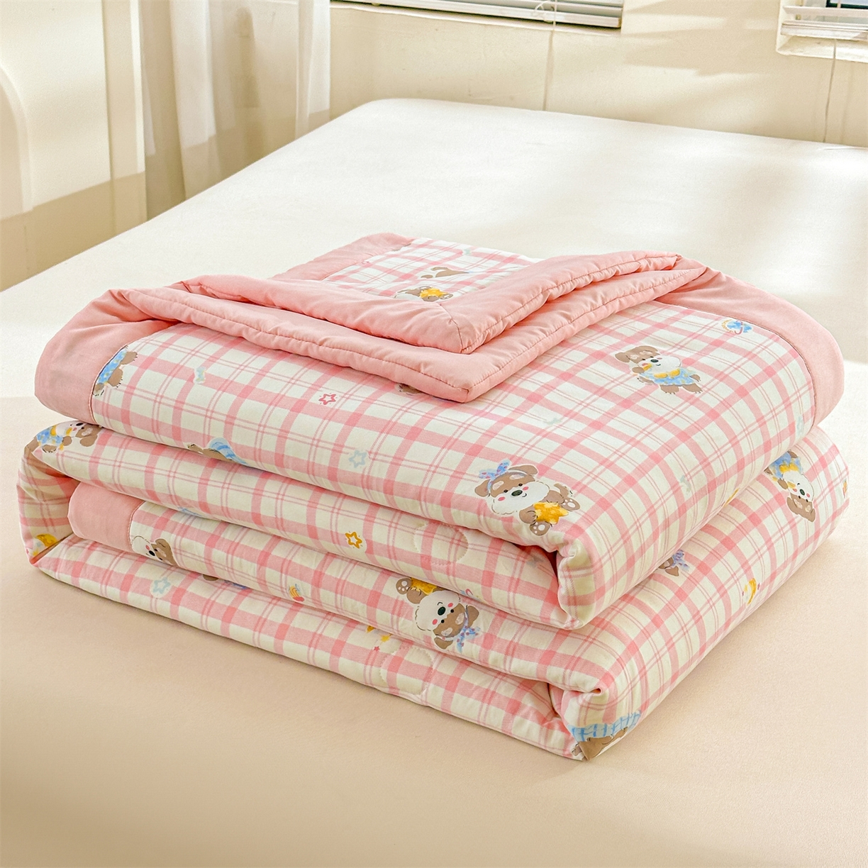 91家纺网 家纺一手货源 找家纺 晓时候 2026新款小清新印花夏被夏凉被空调被新疆棉花被被子被芯 粉格萌犬