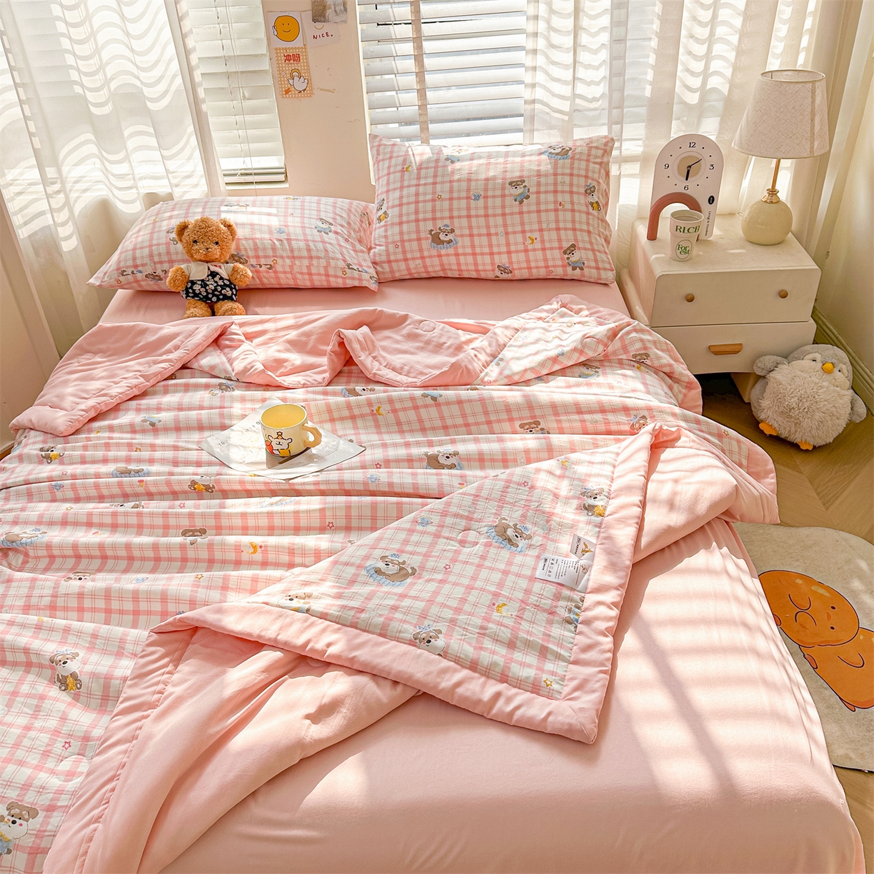 91家纺网 家纺一手货源 找家纺 晓时候 2026新款小清新印花夏被夏凉被空调被新疆棉花被被子被芯 粉格萌犬