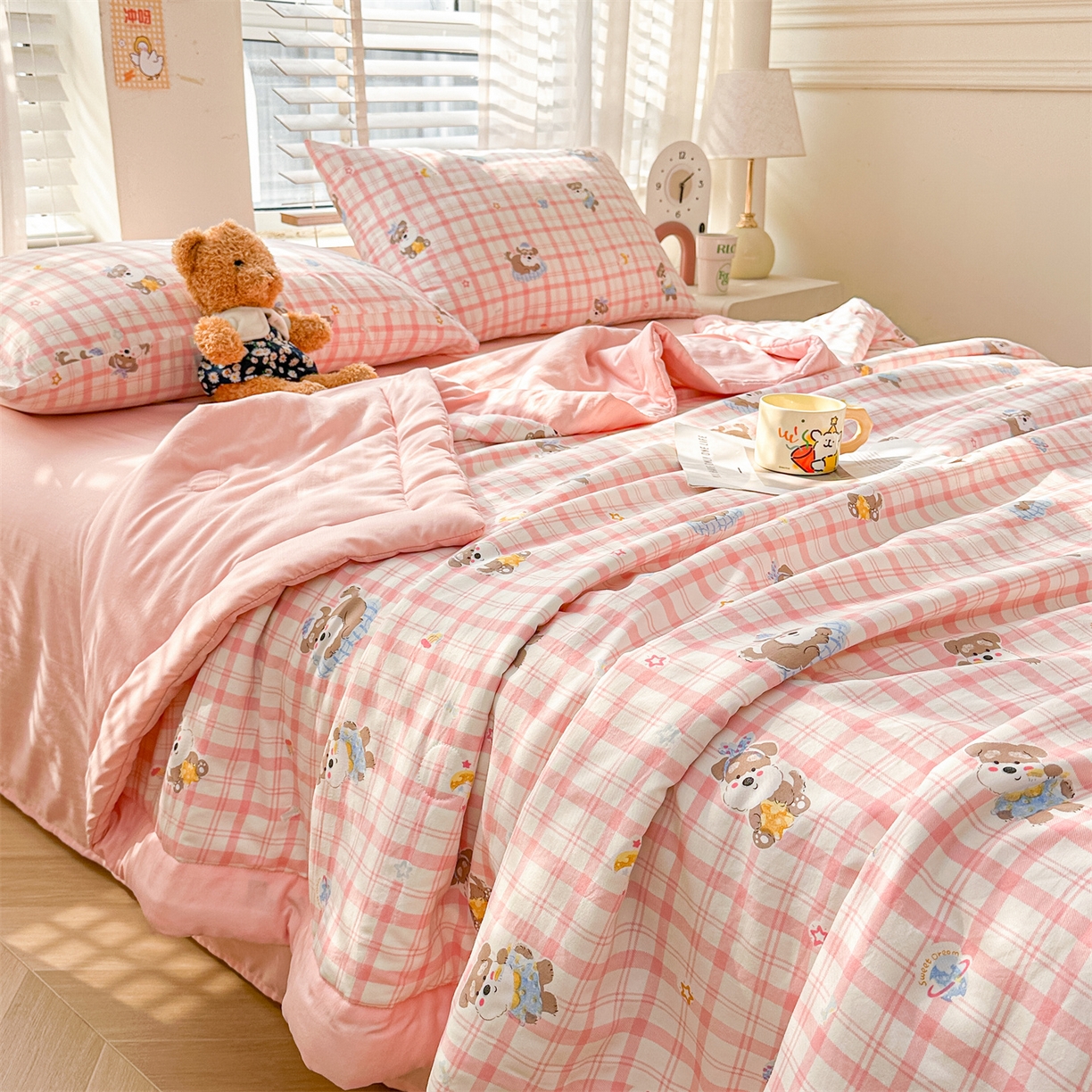 91家纺网 家纺一手货源 找家纺 晓时候 2026新款小清新印花夏被夏凉被空调被新疆棉花被被子被芯 粉格萌犬