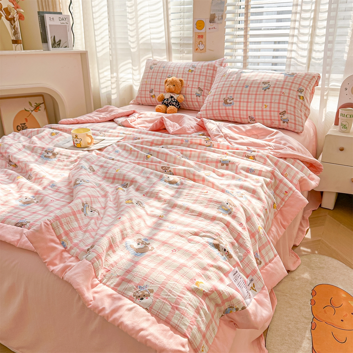 91家纺网 家纺一手货源 找家纺 晓时候 2026新款小清新印花夏被夏凉被空调被新疆棉花被被子被芯 粉格萌犬