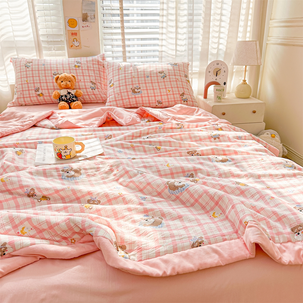 91家纺网 家纺一手货源 找家纺 晓时候 2026新款小清新印花夏被夏凉被空调被新疆棉花被被子被芯 粉格萌犬