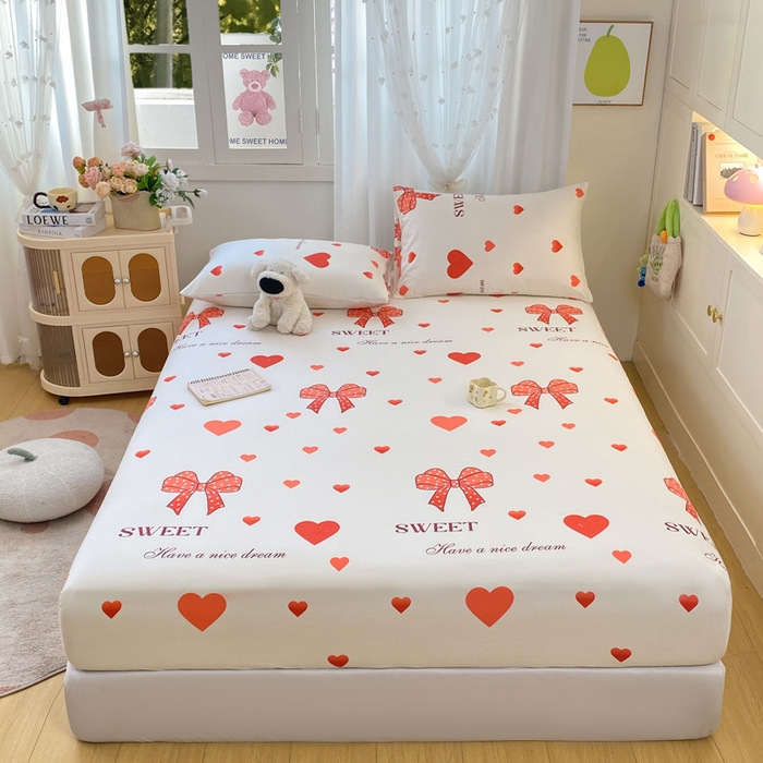 91家纺网 家纺一手货源 找家纺 朵朵家纺 2025新款超柔水洗棉云感印花单床笠床垫保护套床笠（床垫保护套可定制尺寸 ）-场景三 甜心结