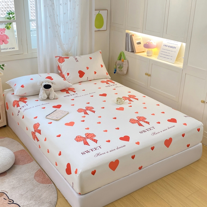 91家纺网 家纺一手货源 找家纺 朵朵家纺 2025新款超柔水洗棉云感印花单床笠床垫保护套床笠（床垫保护套可定制尺寸 ）-场景三 甜心结