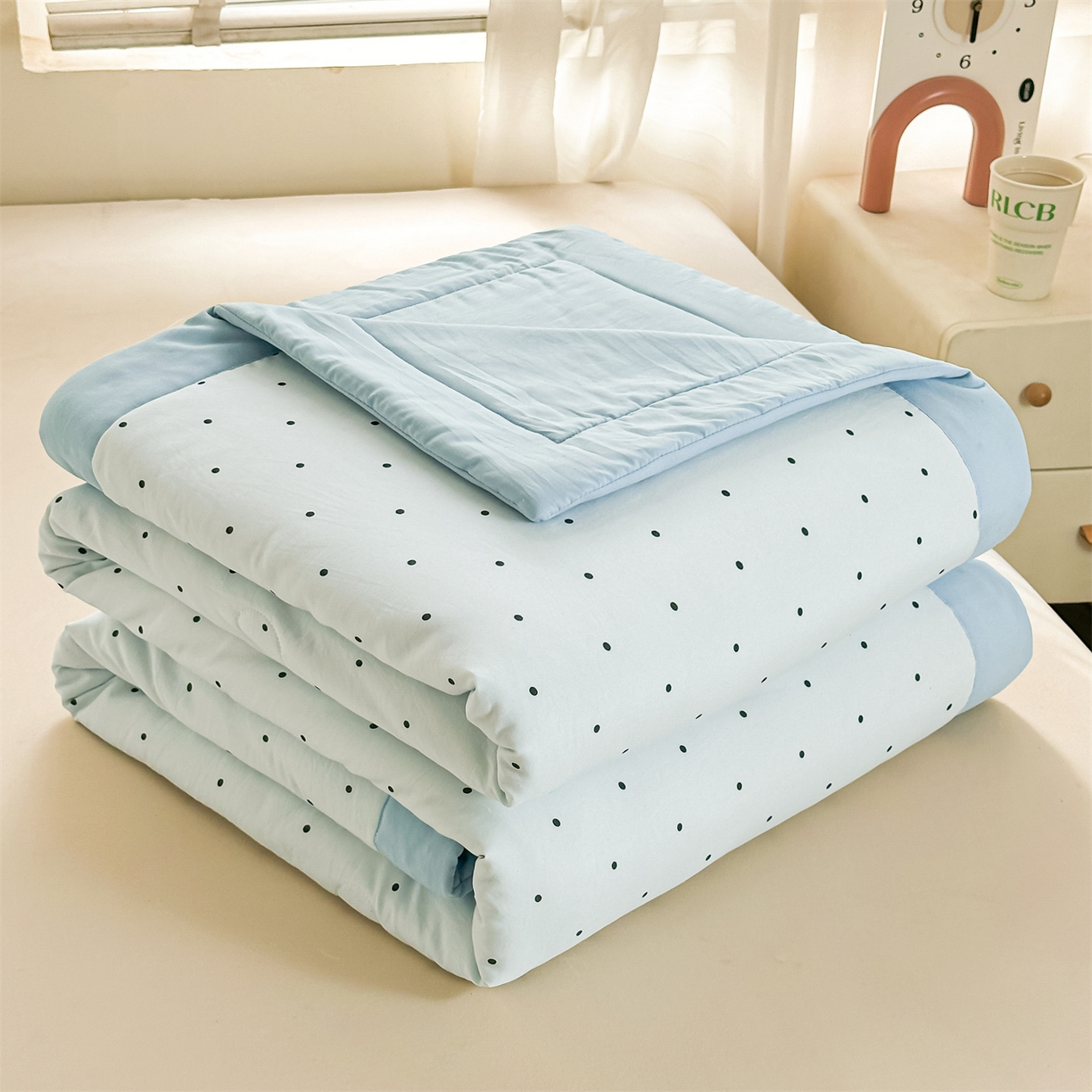 91家纺网 家纺一手货源 找家纺 晓时候 2026新款小清新印花夏被夏凉被空调被新疆棉花被被子被芯 蓝色波点