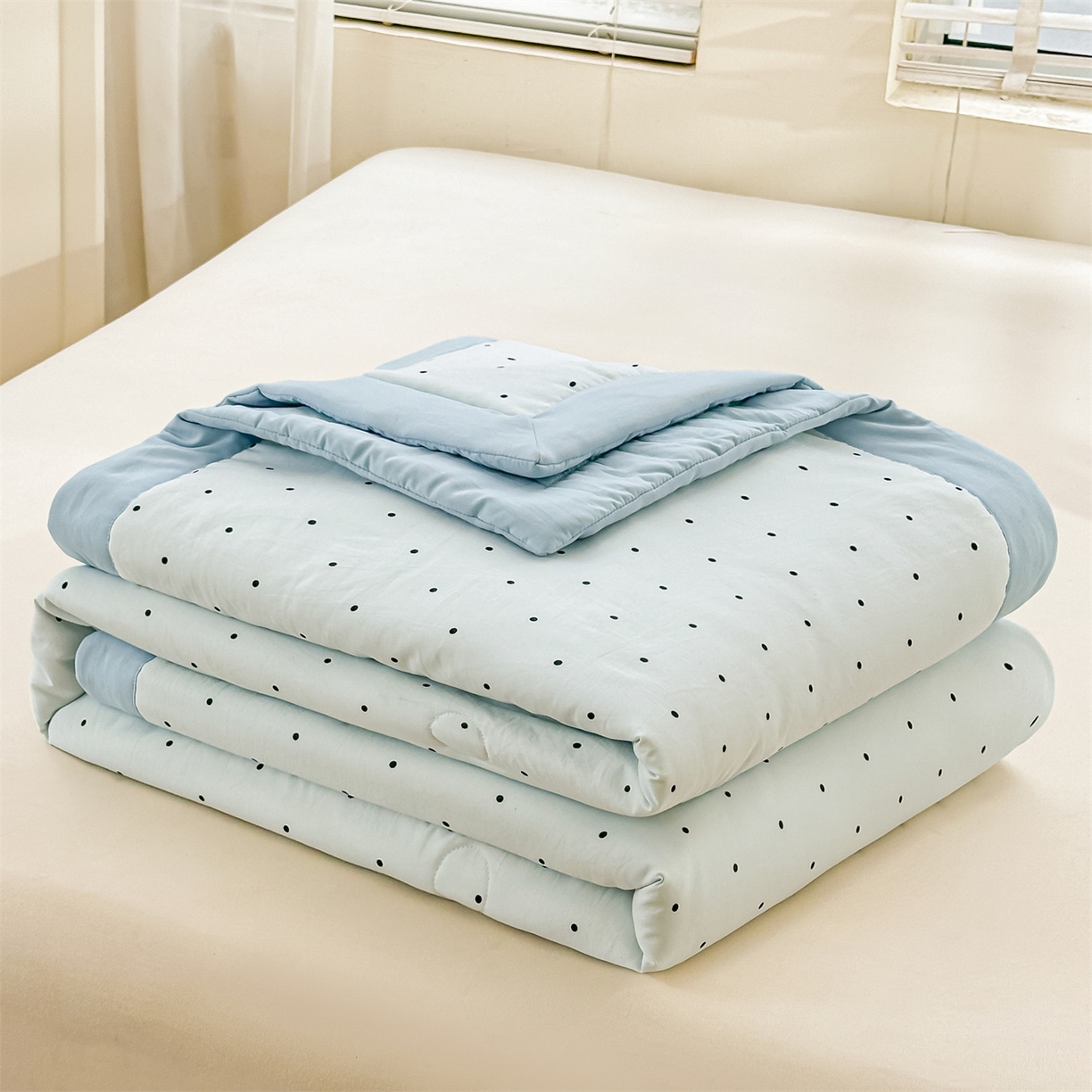 91家纺网 家纺一手货源 找家纺 晓时候 2026新款小清新印花夏被夏凉被空调被新疆棉花被被子被芯 蓝色波点