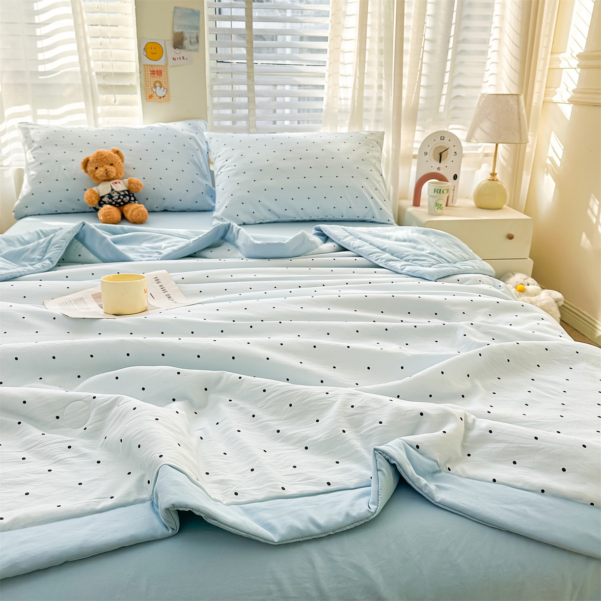 91家纺网 家纺一手货源 找家纺 晓时候 2026新款小清新印花夏被夏凉被空调被新疆棉花被被子被芯 蓝色波点