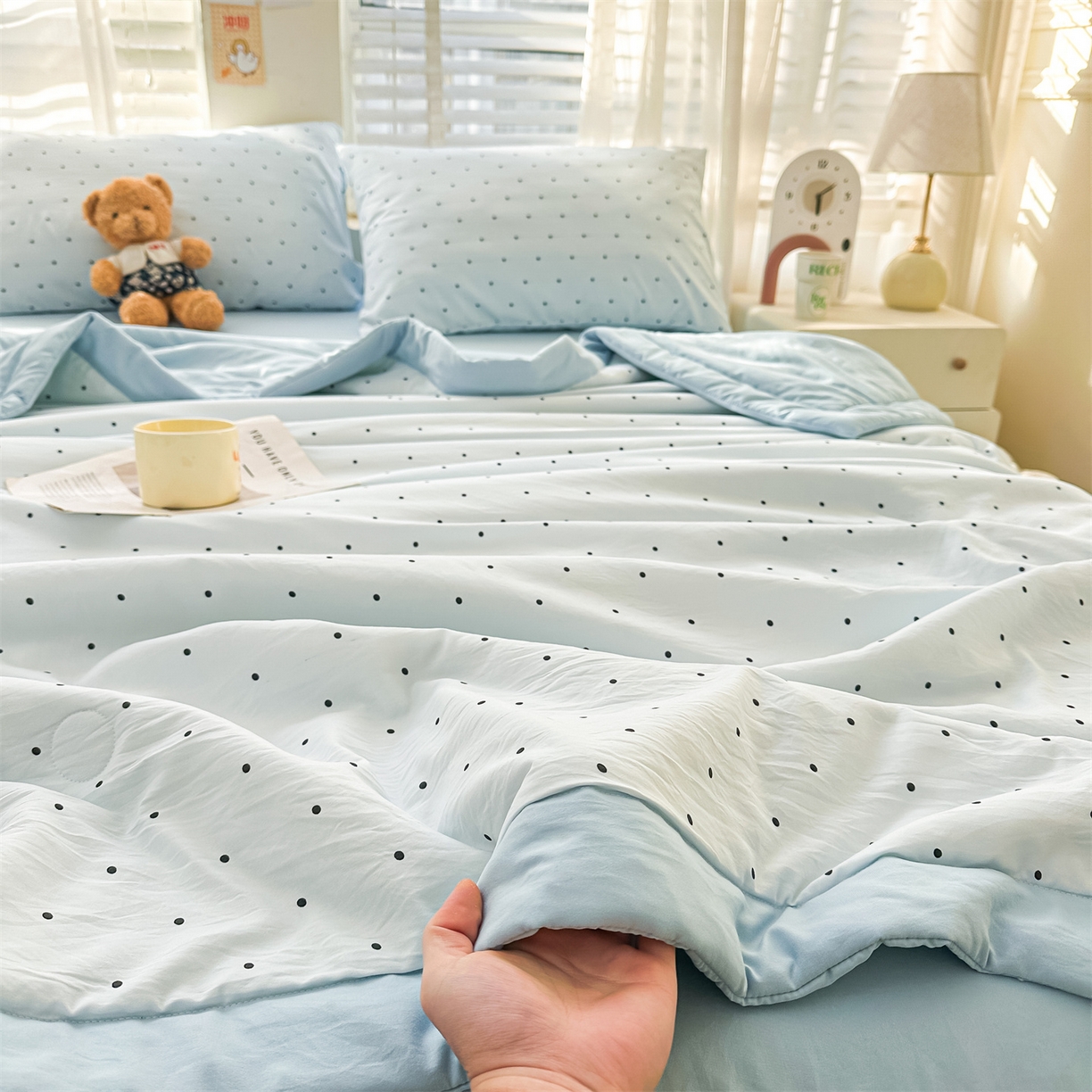 91家纺网 家纺一手货源 找家纺 晓时候 2026新款小清新印花夏被夏凉被空调被新疆棉花被被子被芯 蓝色波点