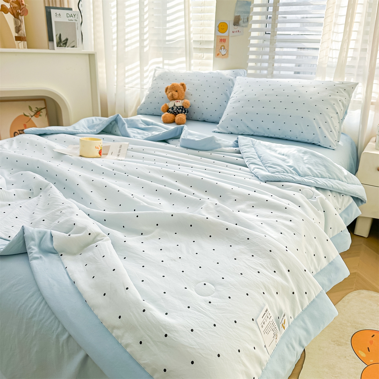 91家纺网 家纺一手货源 找家纺 晓时候 2026新款小清新印花夏被夏凉被空调被新疆棉花被被子被芯 蓝色波点