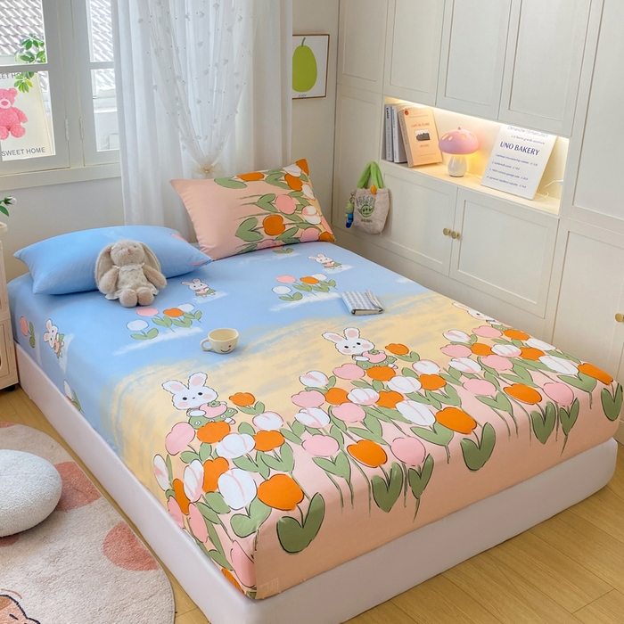 91家纺网 家纺一手货源 找家纺 朵朵家纺 2025新款超柔水洗棉云感印花单床笠床垫保护套床笠（床垫保护套可定制尺寸 ）-场景三 兔兔花园