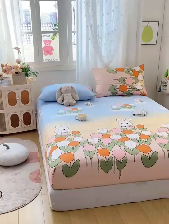 91家纺网 家纺一手货源 找家纺 朵朵家纺 2025新款超柔水洗棉云感印花单床笠床垫保护套床笠（床垫保护套可定制尺寸 ）-场景三 兔兔花园