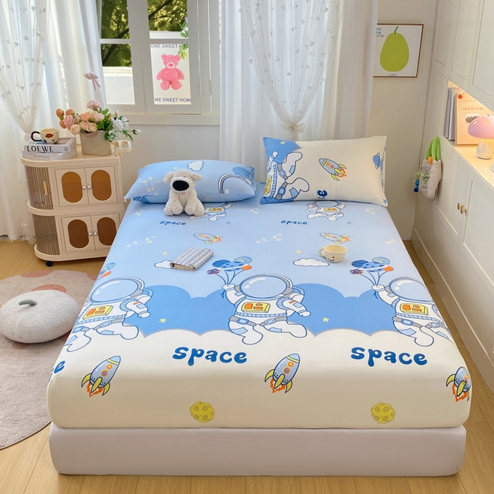 91家纺网 家纺一手货源 找家纺 朵朵家纺 2025新款超柔水洗棉云感印花单床笠床垫保护套床笠（床垫保护套可定制尺寸 ）-场景三 宇航员