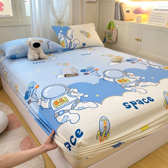 91家纺网 家纺一手货源 找家纺 朵朵家纺 2025新款超柔水洗棉云感印花单床笠床垫保护套床笠（床垫保护套可定制尺寸 ）-场景三 宇航员