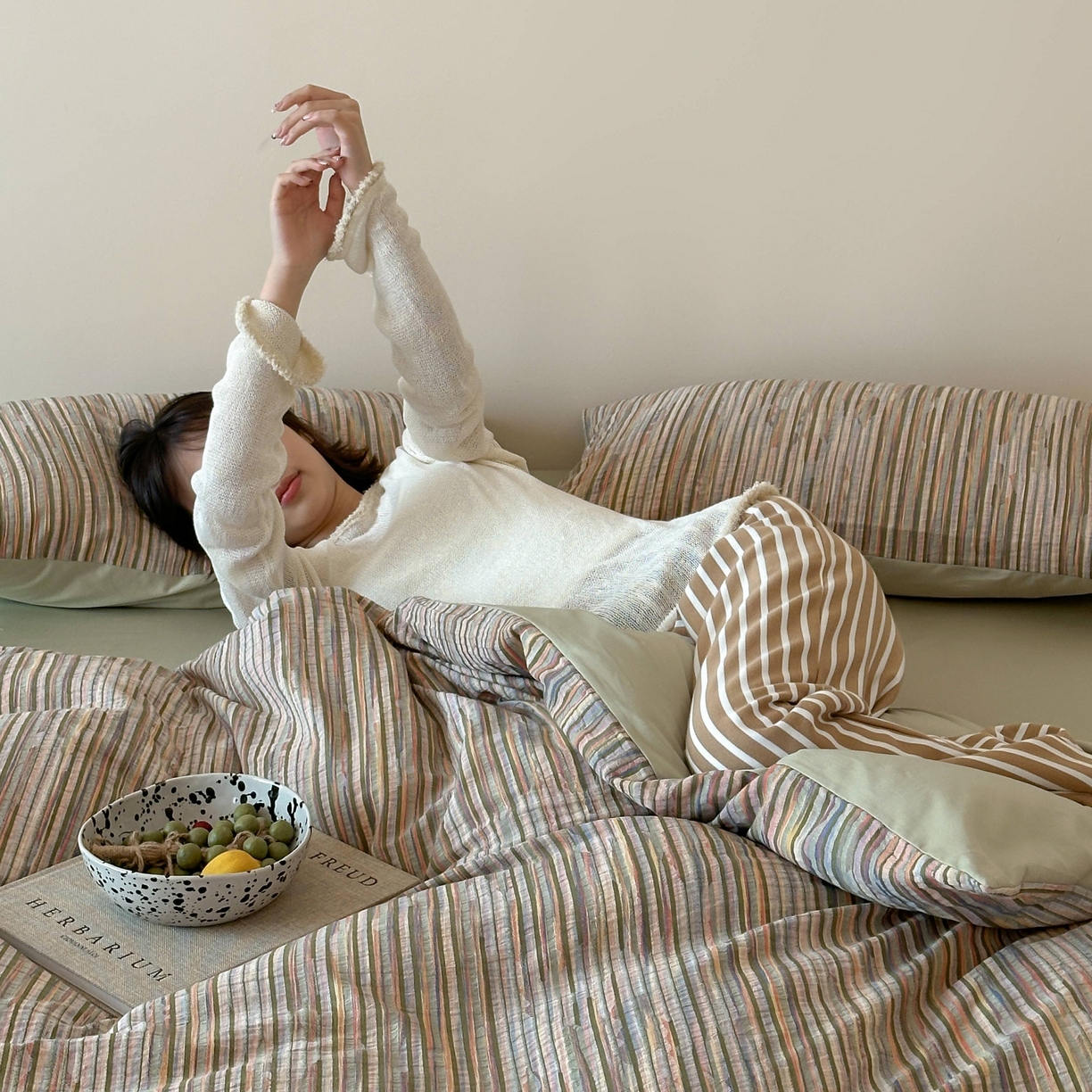 91家纺网 家纺一手货源 找家纺 （总）云上 2026新款全棉纯棉色纺混段染条四件套-暮光