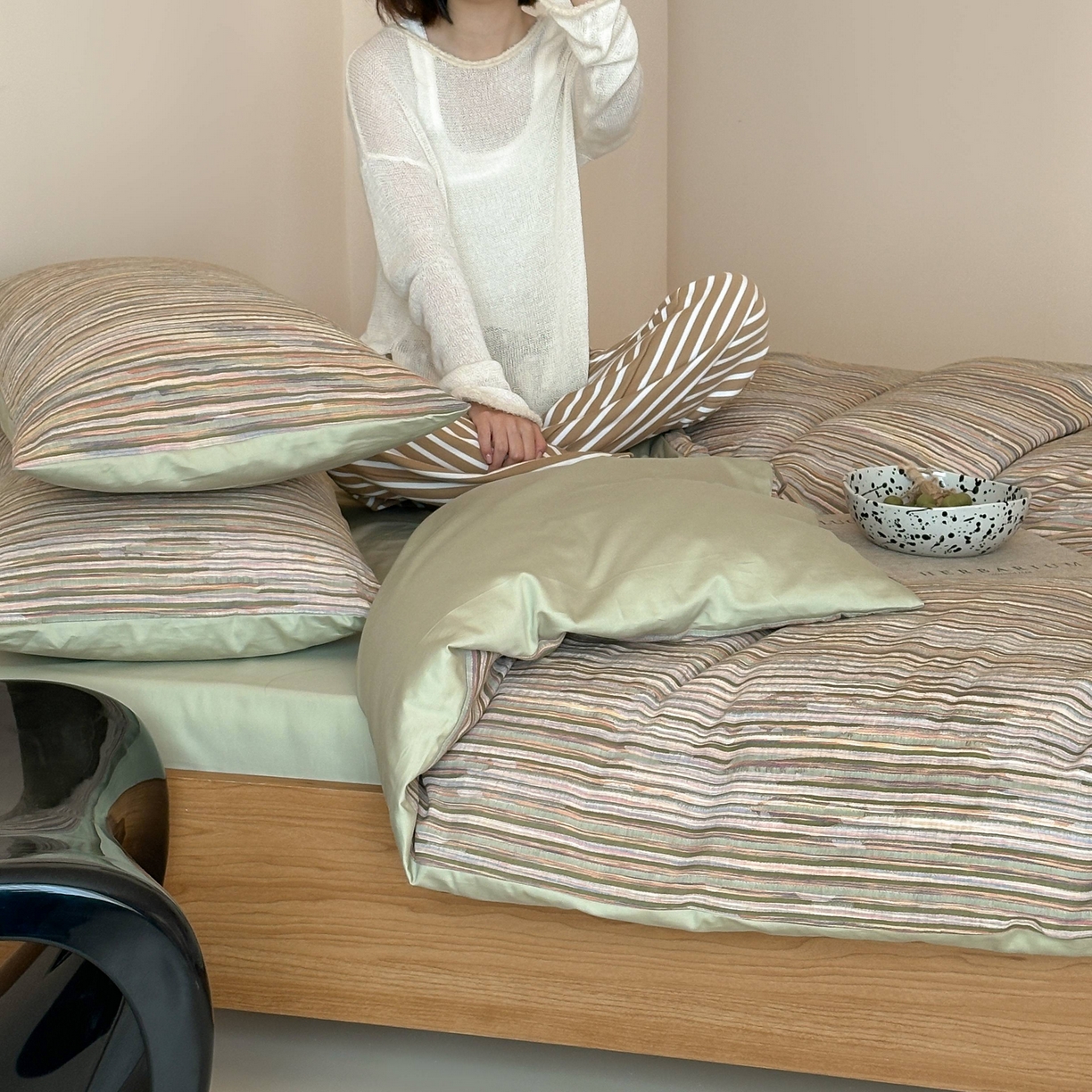 91家纺网 家纺一手货源 找家纺 （总）云上 2026新款全棉纯棉色纺混段染条四件套-暮光