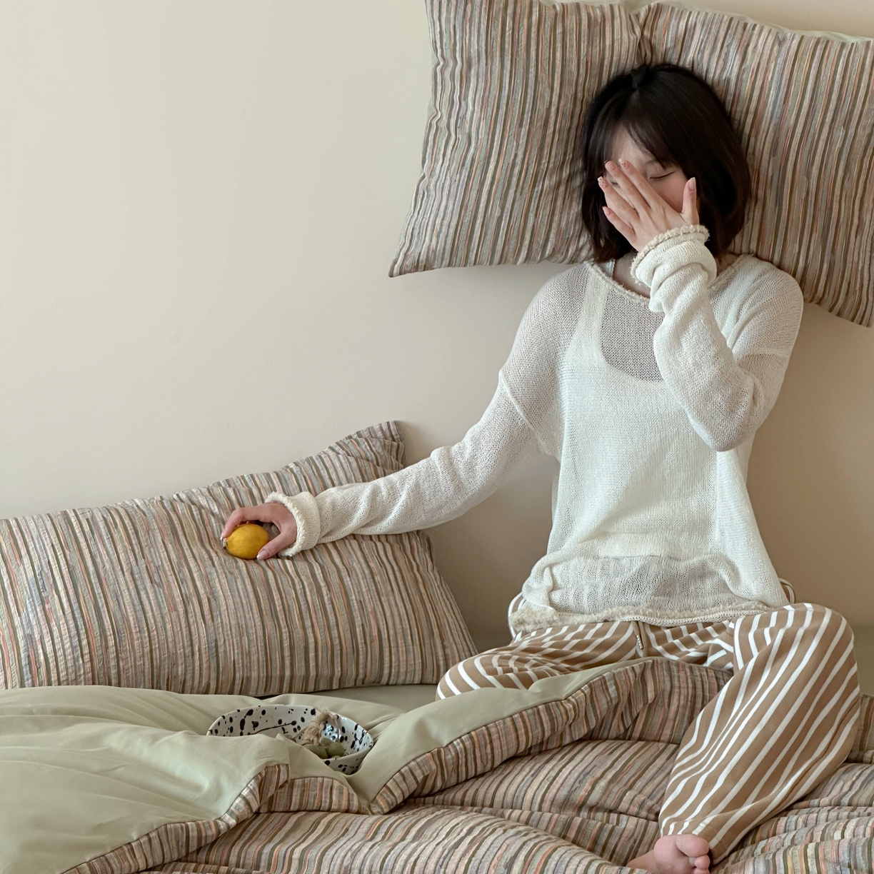 91家纺网 家纺一手货源 找家纺 （总）云上 2026新款全棉纯棉色纺混段染条四件套-暮光