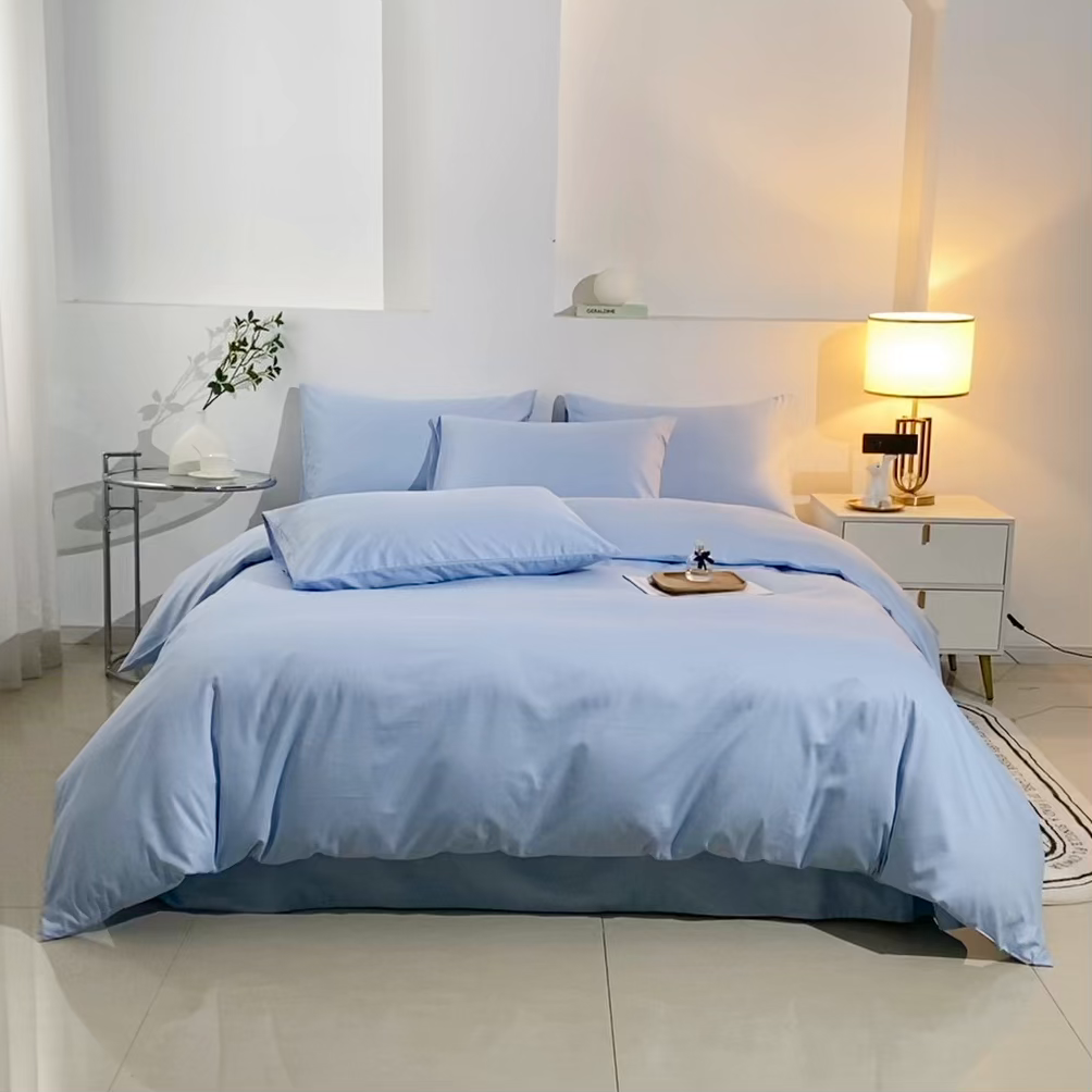 91家纺网 家纺一手货源 找家纺 晶缦家纺 2026新款喷气A类全棉13376纯棉斜纹纯色多规格四件套 沐朗-天蓝