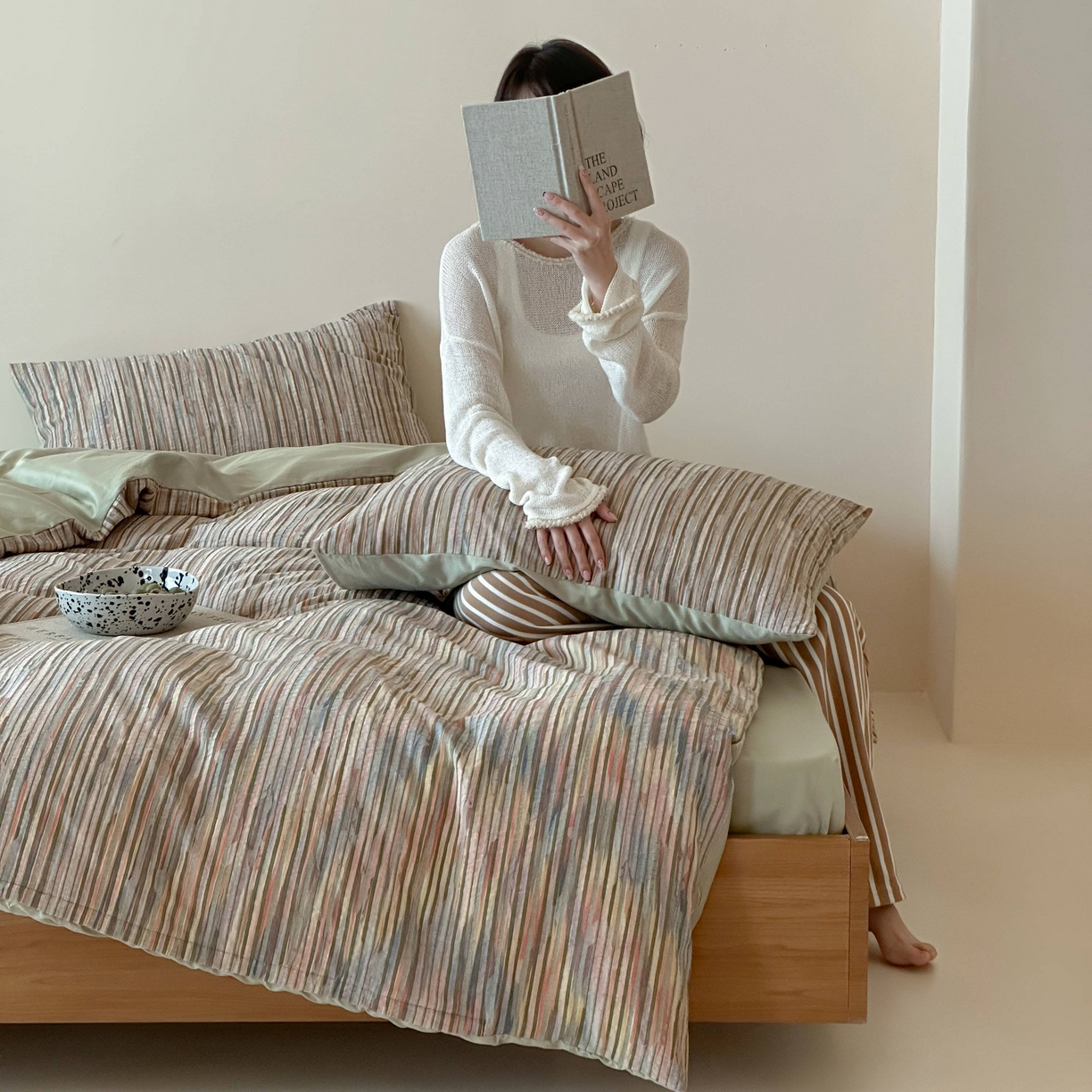 91家纺网 家纺一手货源 找家纺 云上 2026新款全棉纯棉色纺混段染条四件套-暮光 暮光-彩绿