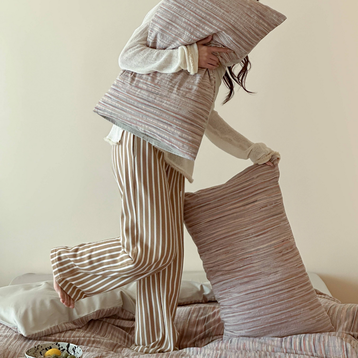 91家纺网 家纺一手货源 找家纺 云上 2026新款全棉纯棉色纺混段染条四件套-暮光 暮光-橙灰