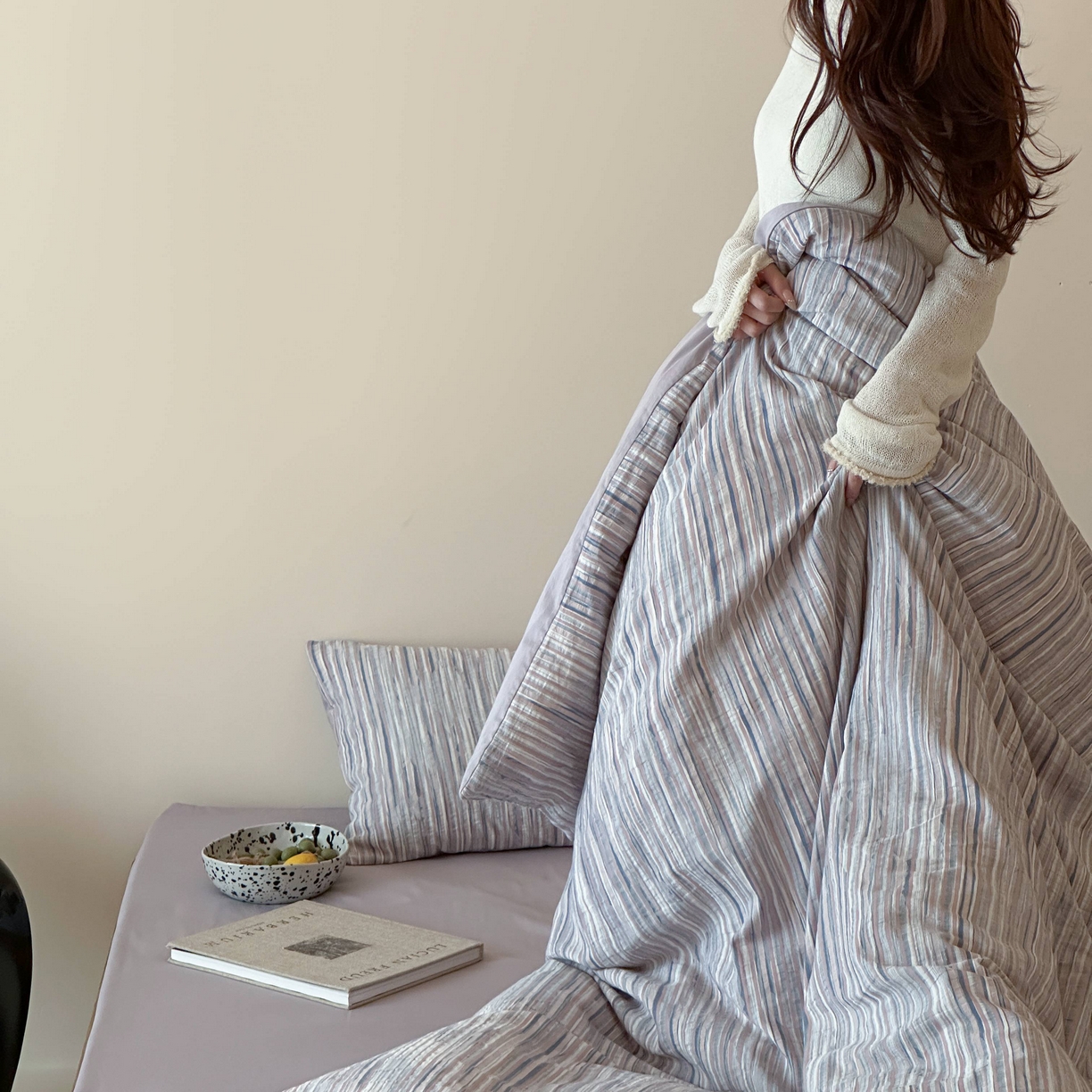 91家纺网 家纺一手货源 找家纺 云上 2026新款全棉纯棉色纺混段染条四件套-暮光 暮光-蓝紫