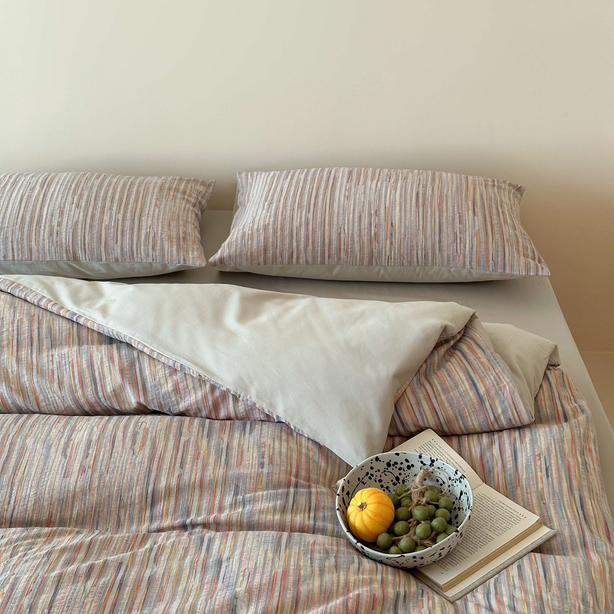 91家纺网 家纺一手货源 找家纺 云上 2026新款全棉纯棉色纺混段染条四件套-暮光 暮光-橙灰