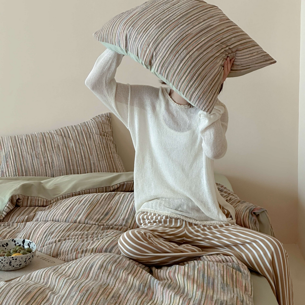 91家纺网 家纺一手货源 找家纺 云上 2026新款全棉纯棉色纺混段染条四件套-暮光 暮光-彩绿