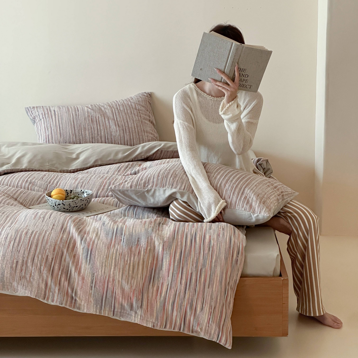 91家纺网 家纺一手货源 找家纺 云上 2026新款全棉纯棉色纺混段染条四件套-暮光 暮光-橙灰