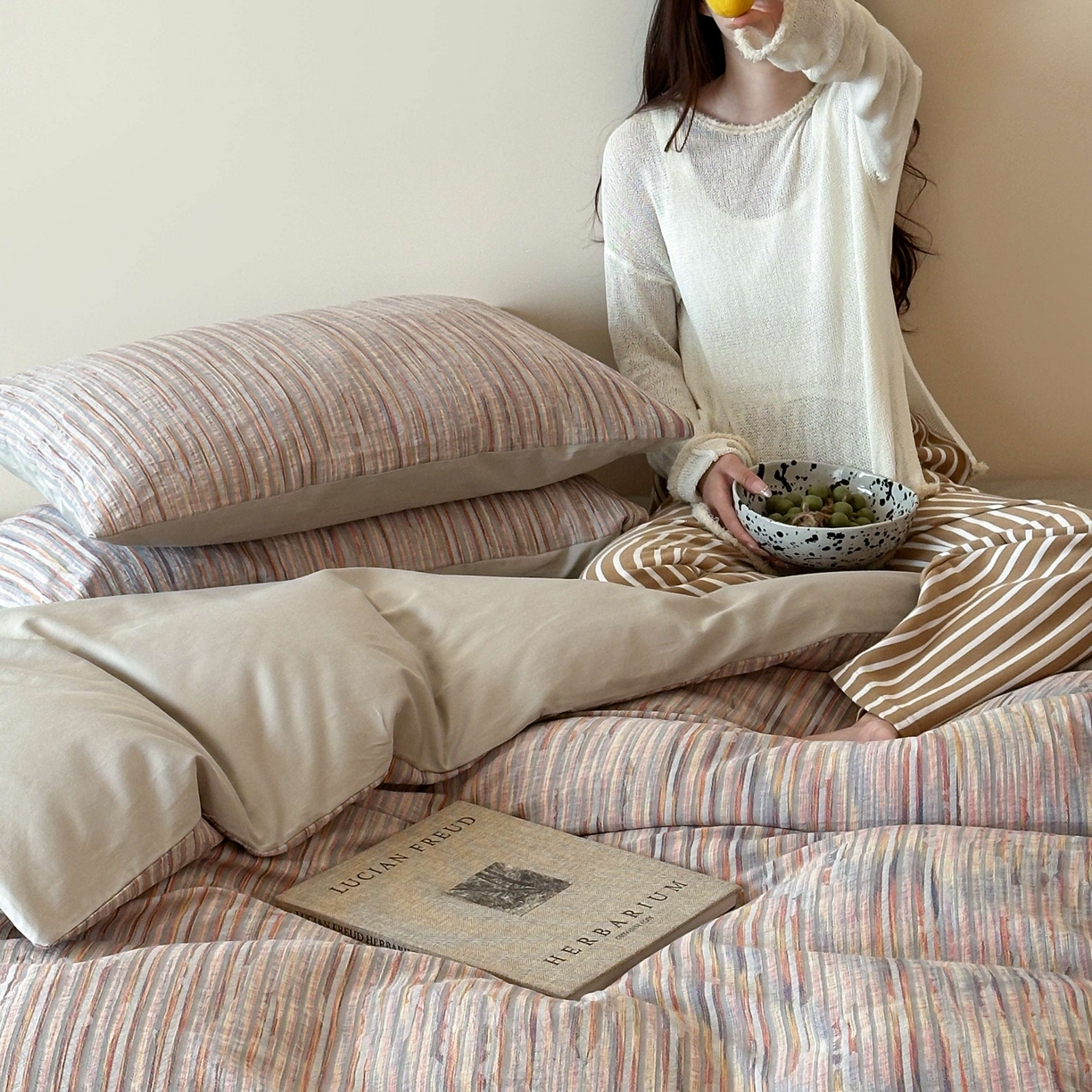 91家纺网 家纺一手货源 找家纺 云上 2026新款全棉纯棉色纺混段染条四件套-暮光 暮光-橙灰