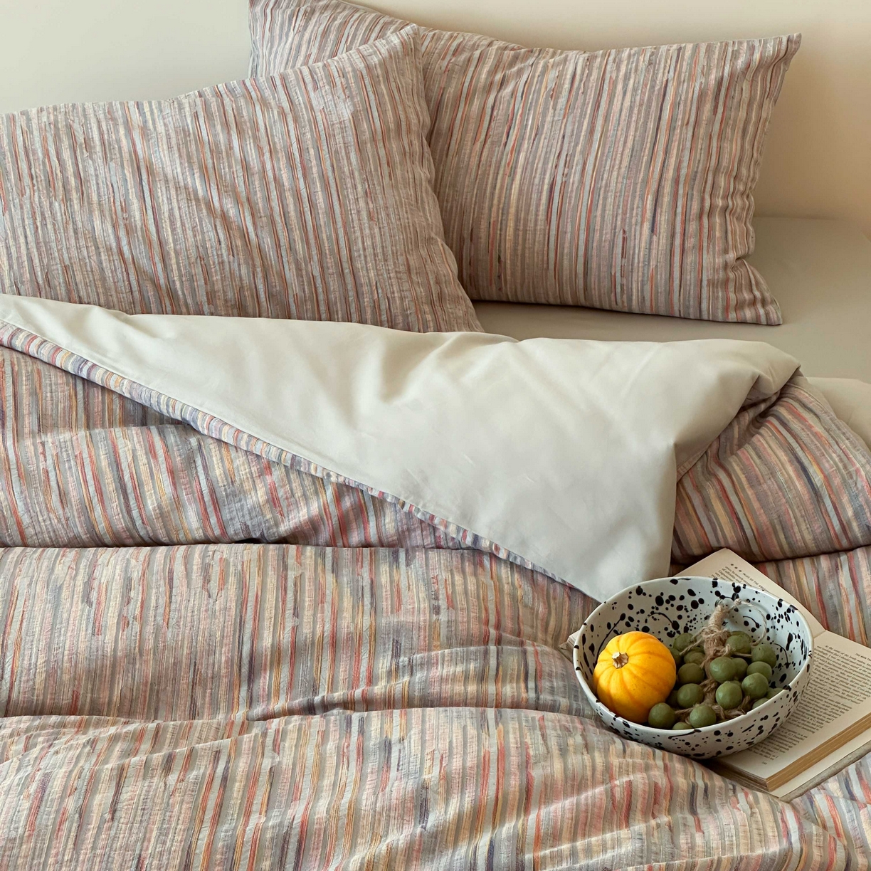 91家纺网 家纺一手货源 找家纺 云上 2026新款全棉纯棉色纺混段染条四件套-暮光 暮光-橙灰