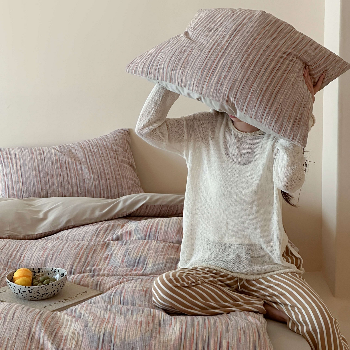 91家纺网 家纺一手货源 找家纺 云上 2026新款全棉纯棉色纺混段染条四件套-暮光 暮光-橙灰