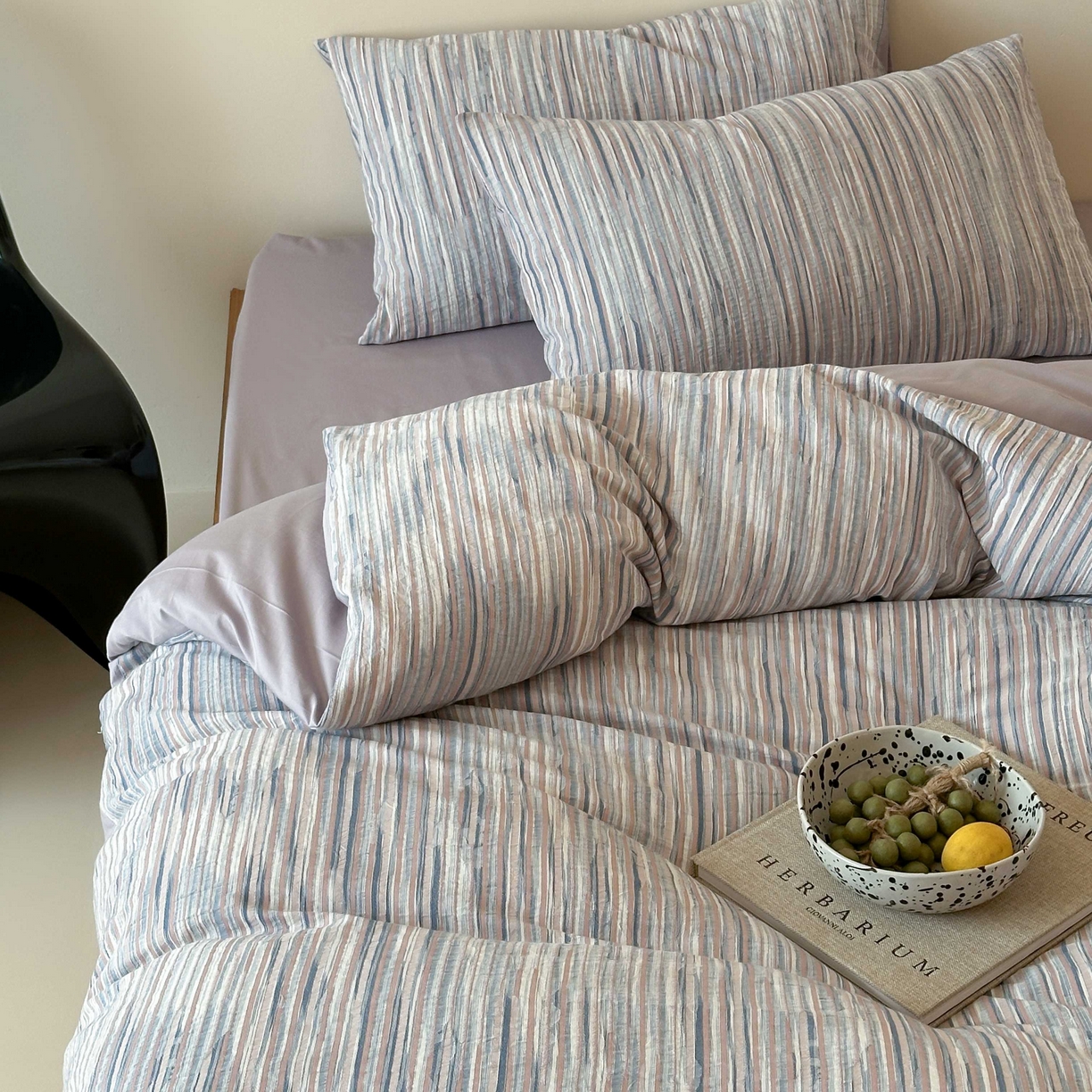 91家纺网 家纺一手货源 找家纺 云上 2026新款全棉纯棉色纺混段染条四件套-暮光 暮光-蓝紫