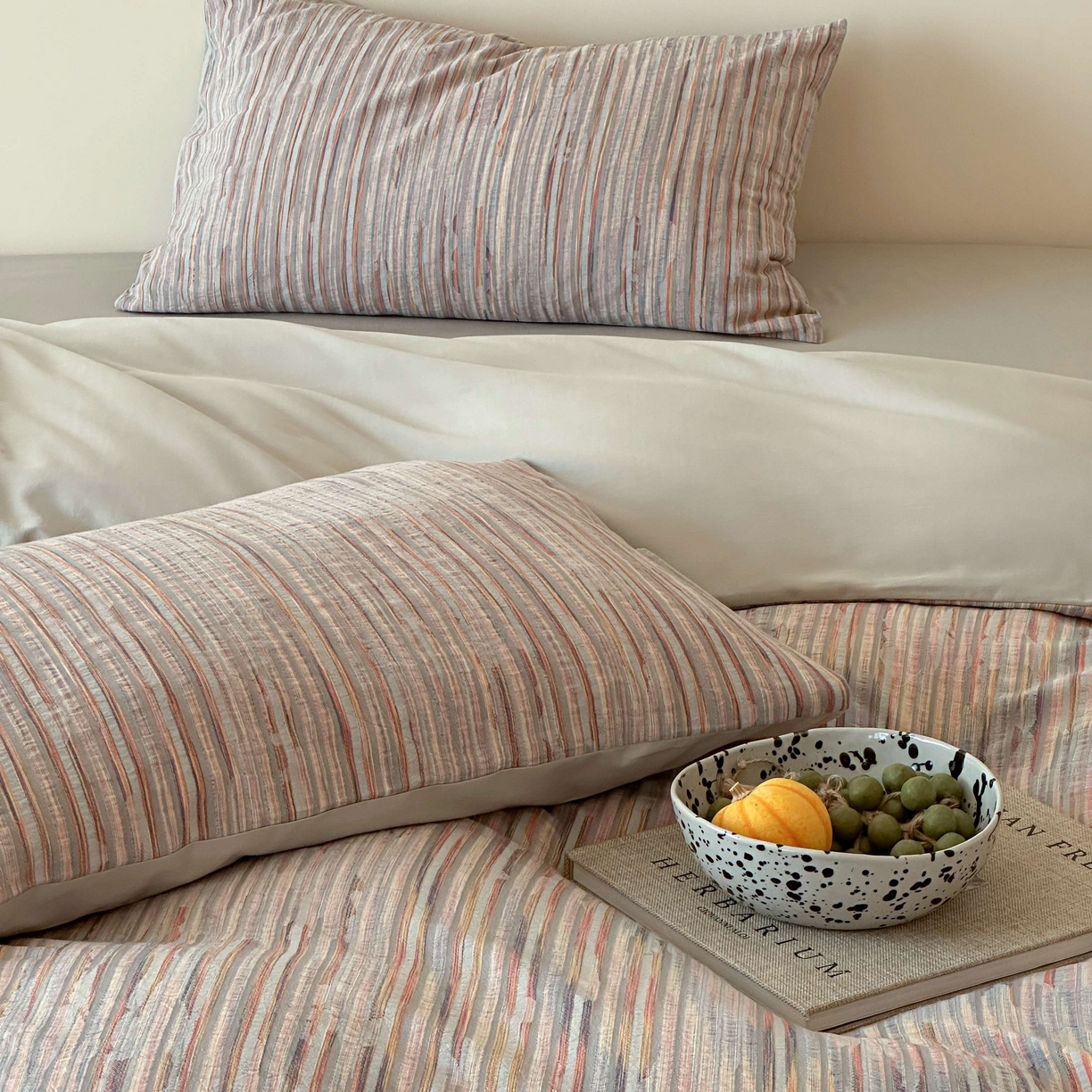 91家纺网 家纺一手货源 找家纺 云上 2026新款全棉纯棉色纺混段染条四件套-暮光 暮光-橙灰