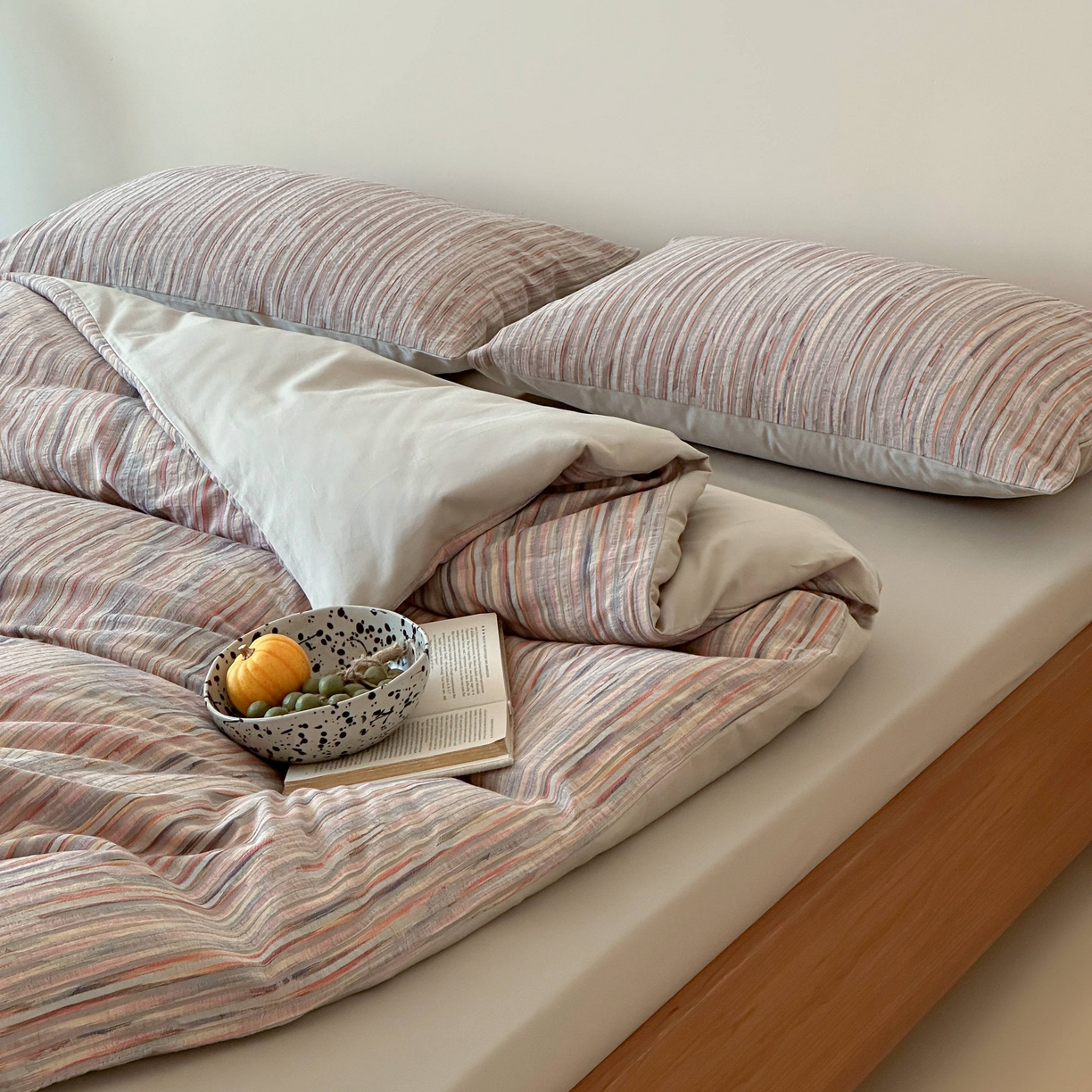 91家纺网 家纺一手货源 找家纺 云上 2026新款全棉纯棉色纺混段染条四件套-暮光 暮光-橙灰